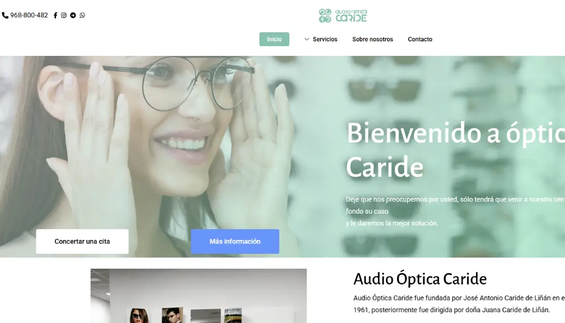 Captura de pantalla del desarrollo web del proyecto Óptica Caride